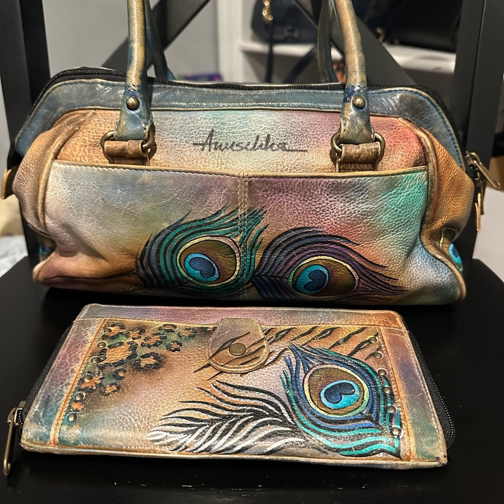 Anuschka Peacock Feather Shoulder Bag and Wallet - Multicolor